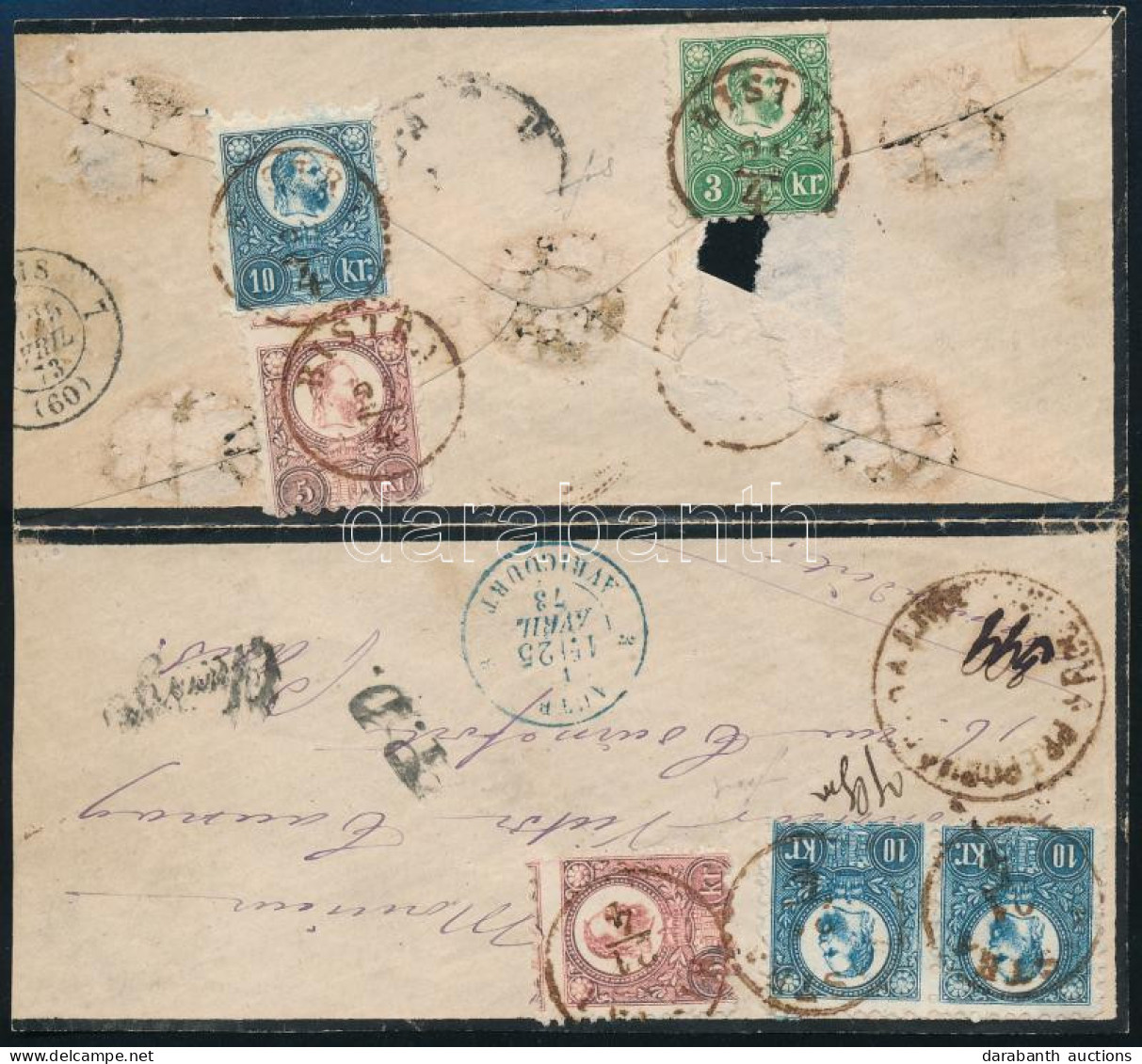 1873 Réznyomat 3kr, 2 X 5kr és 3 X 10kr Ajánlott Levélen "BISTRA" - Franciaországba, Fekete P.D. és Charge, Valamint Kék - Sonstige & Ohne Zuordnung