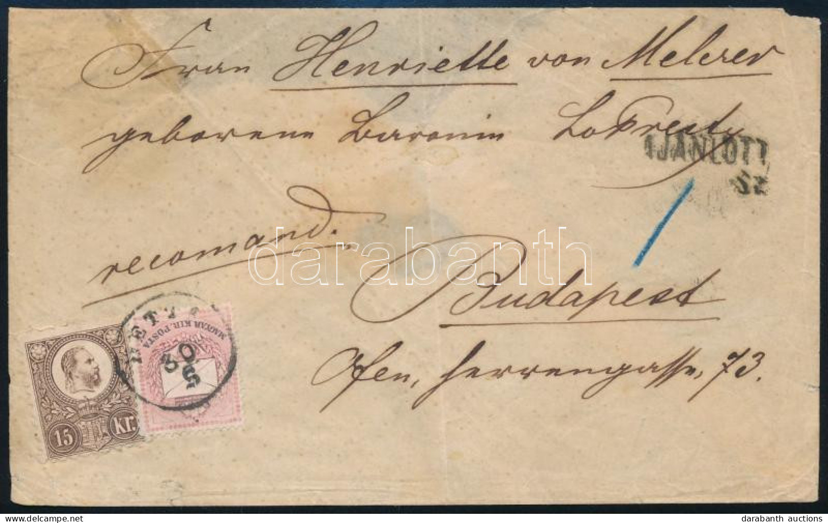 1875 Réznyomat 15kr és Színesszámú 5kr Vegyes Bérmentesítés 2. Súlyfokozatú Ajánlott Levélen / Mixed Franking On 2nd Wei - Andere & Zonder Classificatie