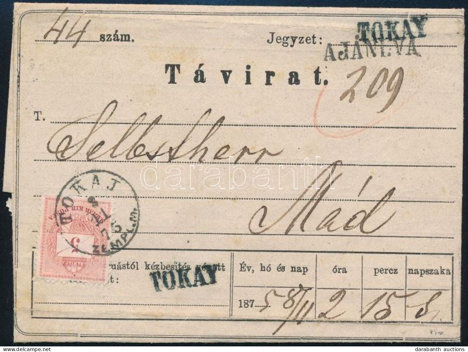 1875 Távirat 5kr + 5kr Pár (eltépve) Bérmentesítéssel / Telegram With 5kr + 5kr Pair (torn) Franking "TOKAY" - Mád. Cert - Autres & Non Classés