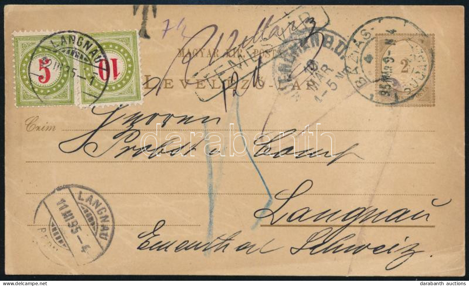 1895 2kr Díjjegyes Levelezőlap Báziásról Svájcba Küldve, Ott Portózva, TEMESVÁR Vonalbélyegzéssel / PS-card To Switzerla - Altri & Non Classificati