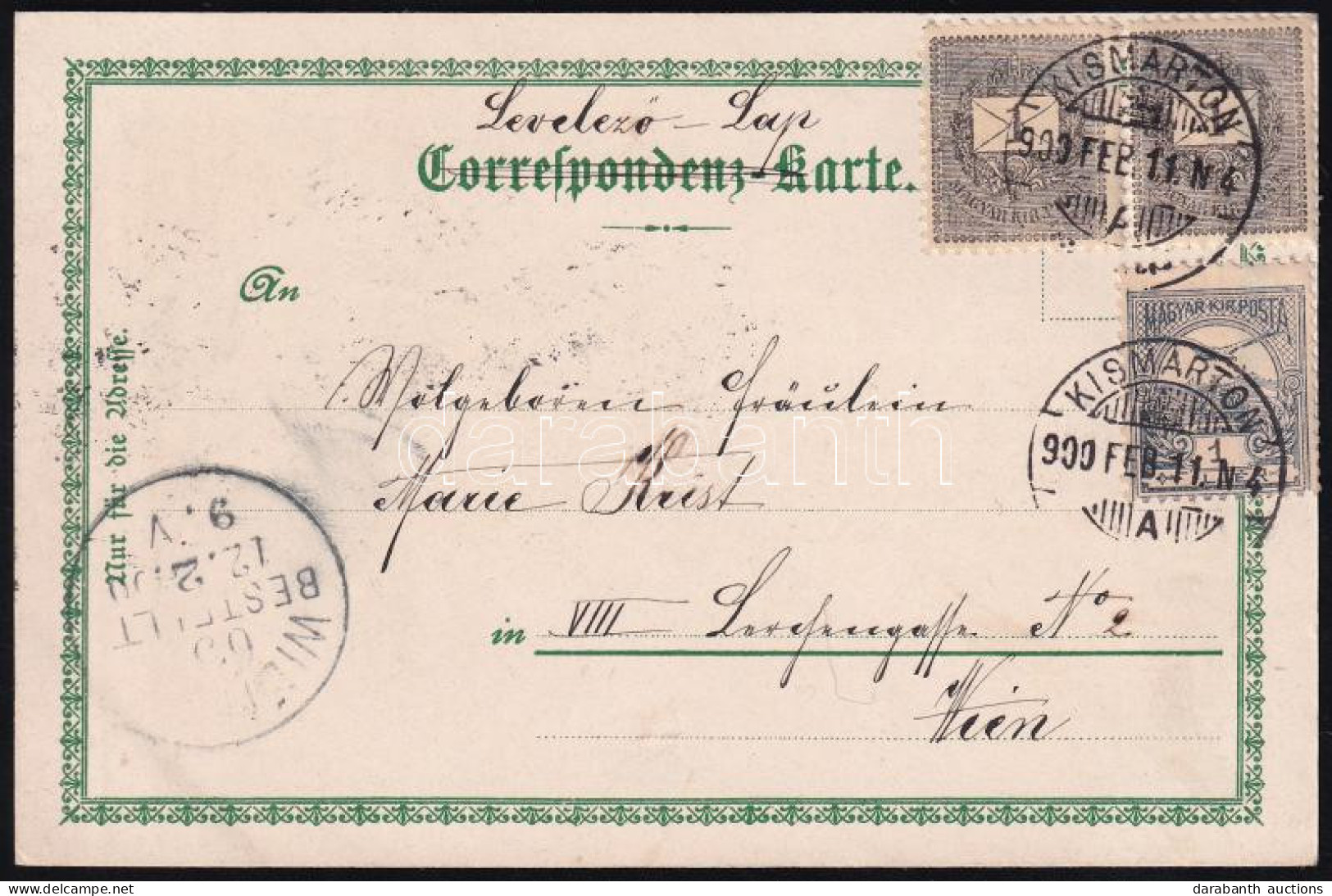 1900 Képeslap 2 X Feketeszámú 1kr + Turul 1f Vegyes Bérmentesítéssel / Postcard With Mixed Franking "KISMARTON" (Burgenl - Other & Unclassified