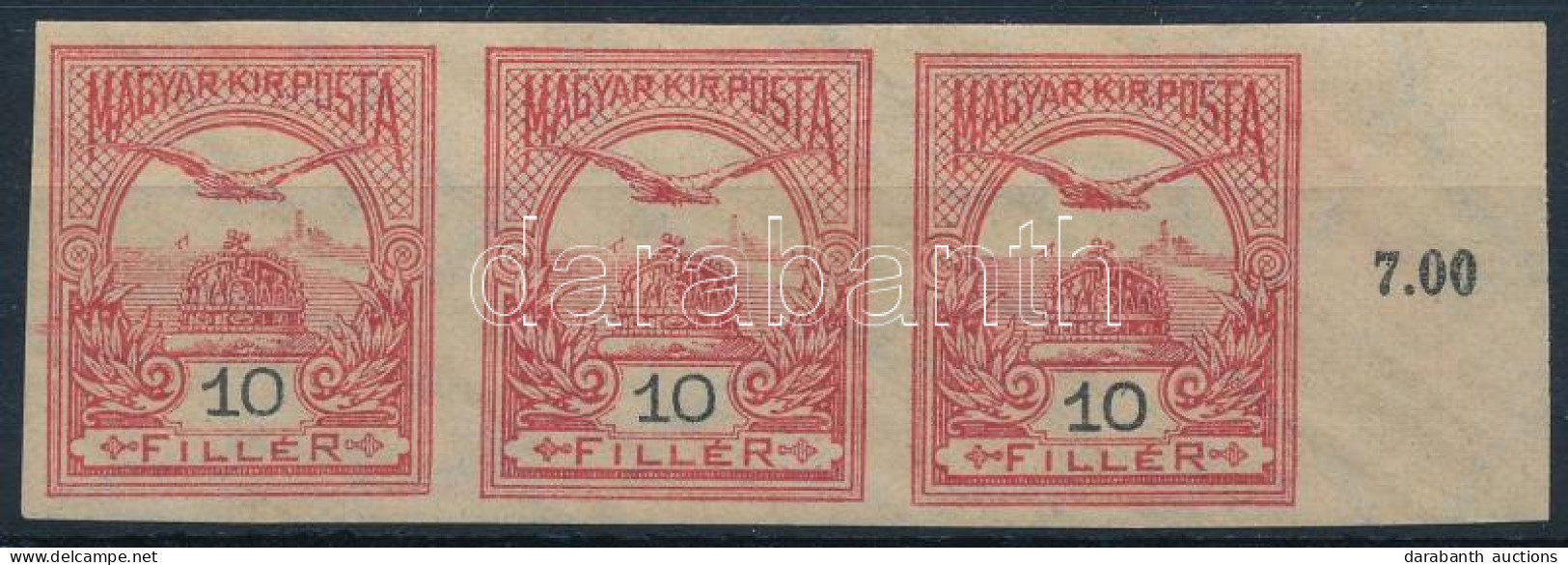 ** 1900 Turul 10f ívszéli Vágott Hármascsík (kis Gumihiba) / Mi 60 Imperforate Margin Stripe Of 3 (small Gum Disturbance - Otros & Sin Clasificación