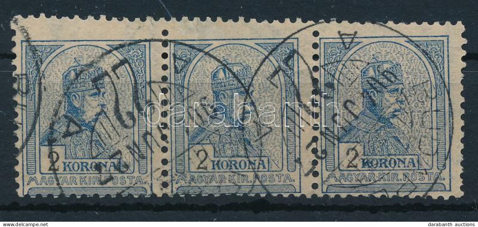 O 1900 Turul 2K Elfogazott Hármascsík 4. Vízjelállással, összefüggésben Nagyon Ritka! / Stripe Of 4, Watermark Position  - Andere & Zonder Classificatie