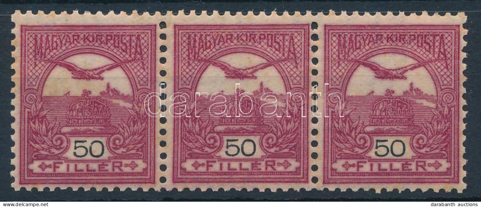 ** 1904 Turul 50f Sötétborvörös Hármascsík Fordított Vízjellel!!! 3. Vízjelállás (540.000++) / Mi 85b Stripe Of 3, Water - Andere & Zonder Classificatie