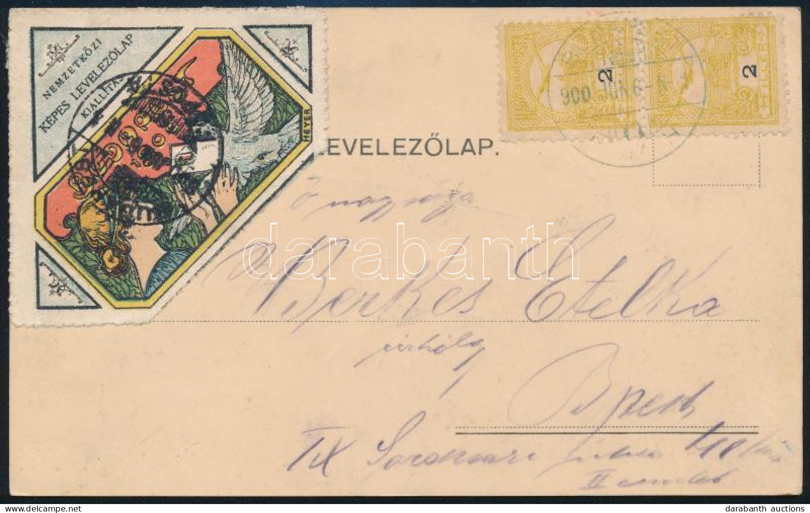 1900 Budapest Helyi Levelezőlap 2 Db Turul 2f Bélyeggel és Nemzetközi Képes Levelezőlap Kiállítás Levélzáróval / Local P - Altri & Non Classificati