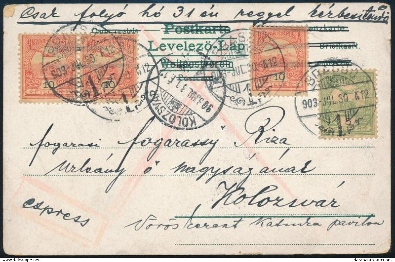 1903 Expressz Képeslap 4 Db Turul Bélyeggel, 35f Bérmentesítéssel Brassóból Kolozsvárra / Express Postcard With 35f Fran - Sonstige & Ohne Zuordnung