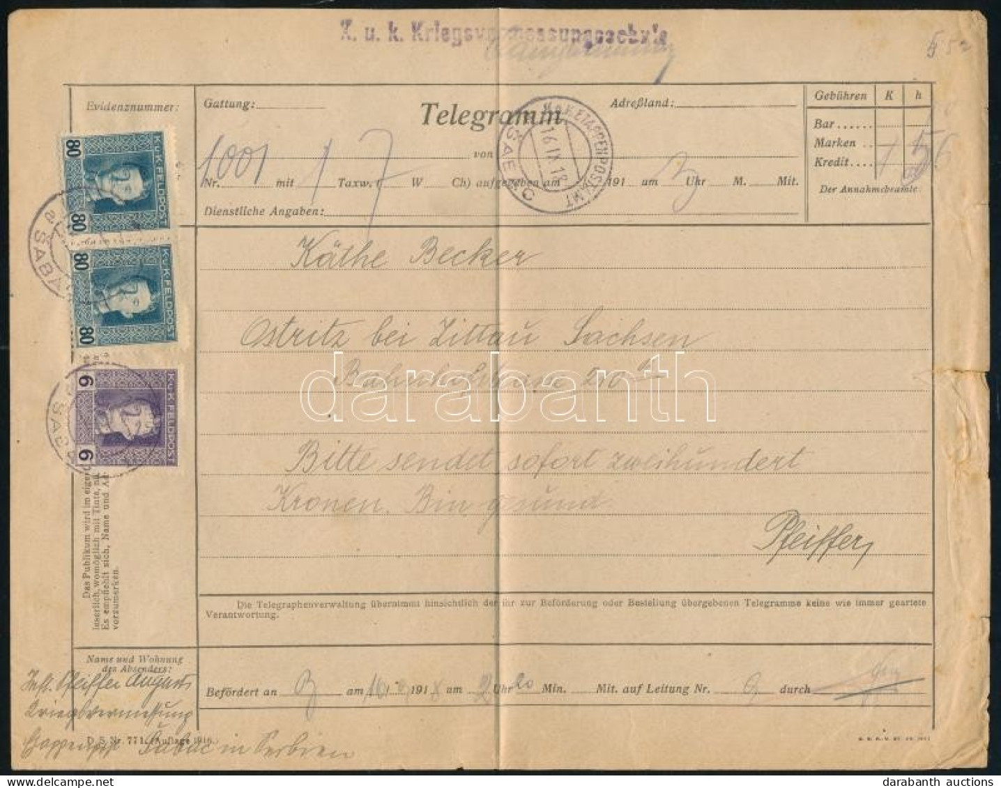 1918 Táviraton 3 Db Feldpost Bélyeg / Telegram "EP SABAC" - Autres & Non Classés