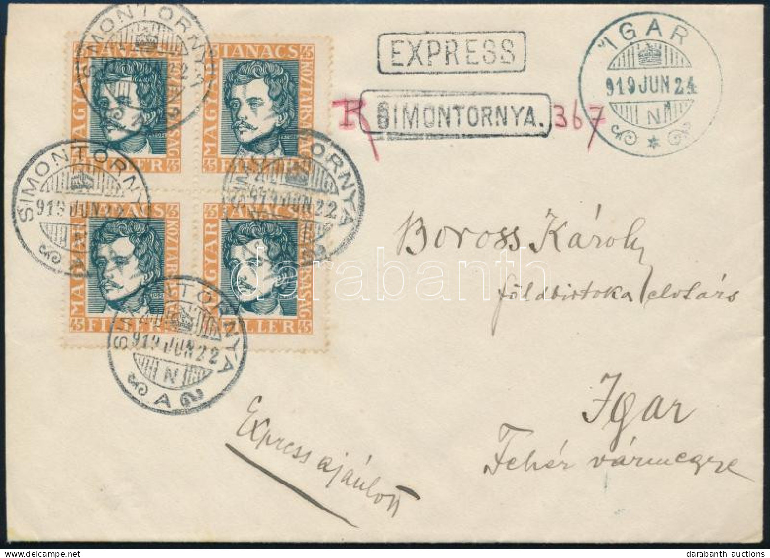 1919 Magyar Tanácsköztársasági Arcképek 45f Négyestömb Expressz Ajánlott Levélen / Mi 262 Block Of 4 On Express Register - Andere & Zonder Classificatie