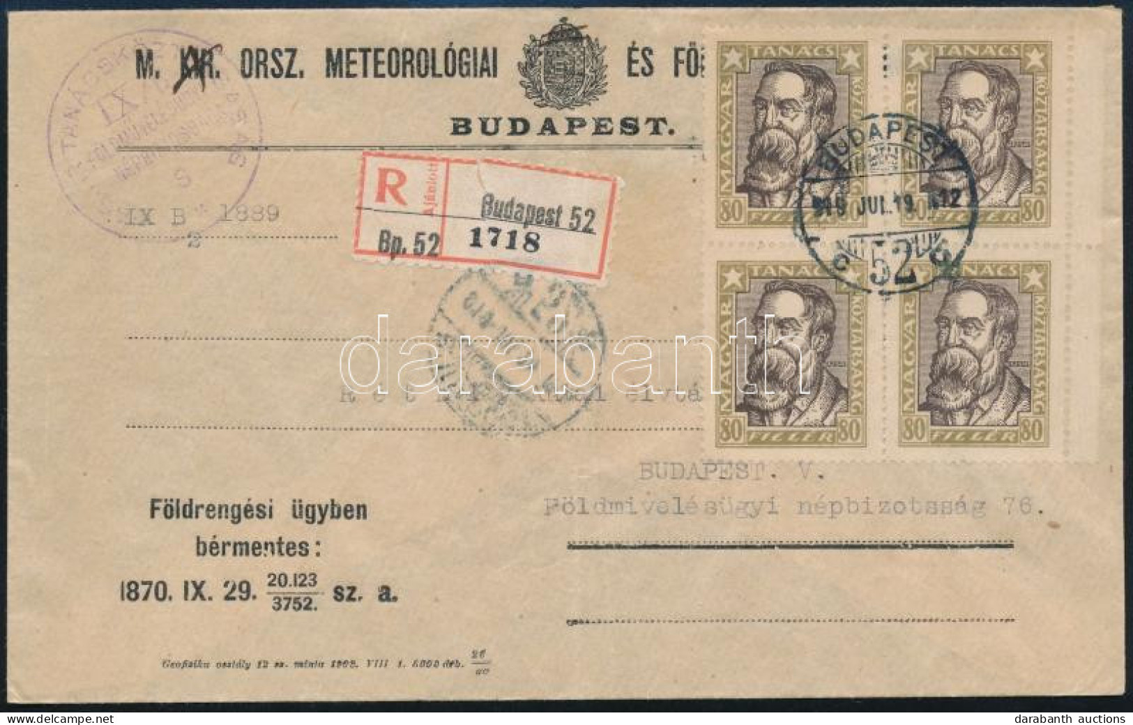 1919 Magyar Tanácsköztársasági Arcképek 80f ívszéli Négyestömb Budapest Helyi Ajánlott Levélen / Mi 265 Block Of 4 On Lo - Altri & Non Classificati