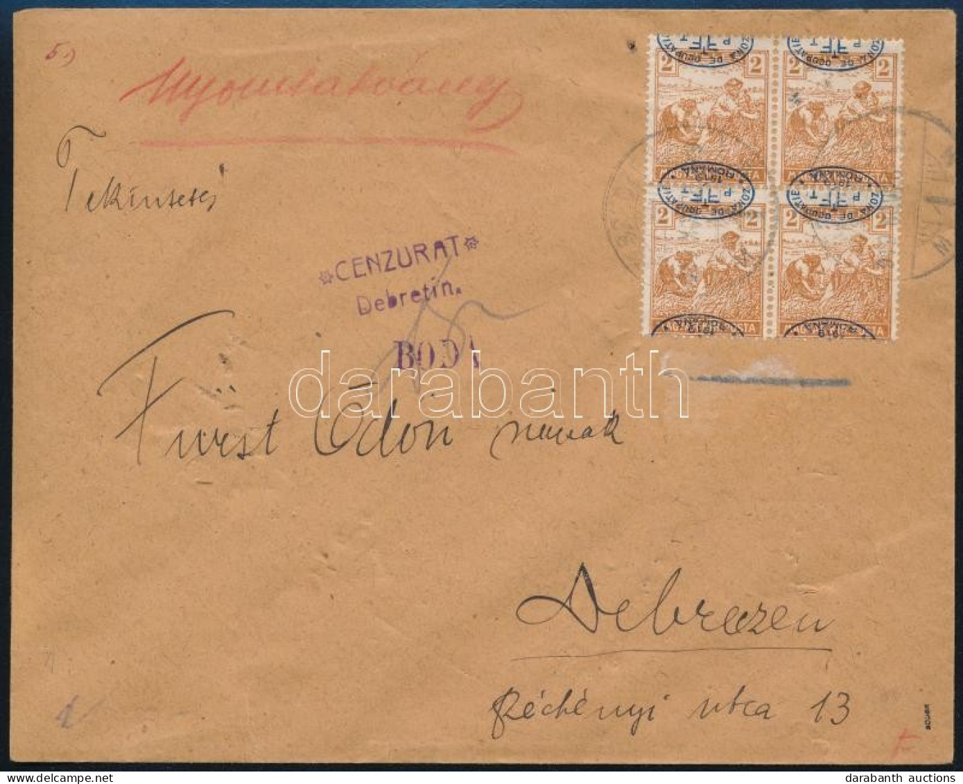 Debrecen I. 1919 Helyi Levél Arató 2f Négyestömb Bérmentesítéssel, Elcsúszott, Fordított Felülnyomással! / 2f Block Of 4 - Other & Unclassified