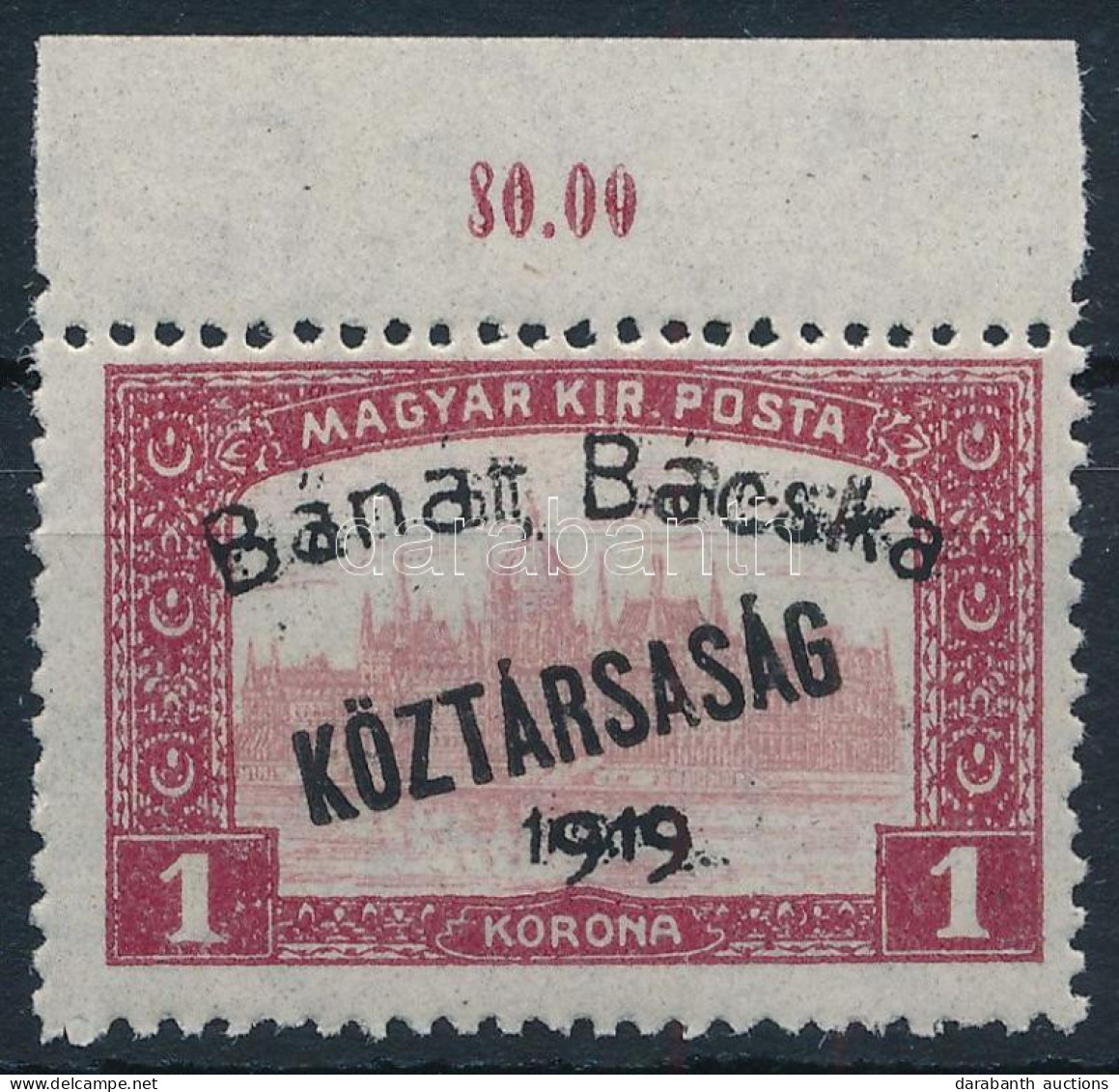 ** Bánát-Bácska 1919 Parlament 1K Kettős Felülnyomással, Nagyon Ritka! / Mi 15 With Double Overprint, RR. Signed: Bodor - Autres & Non Classés