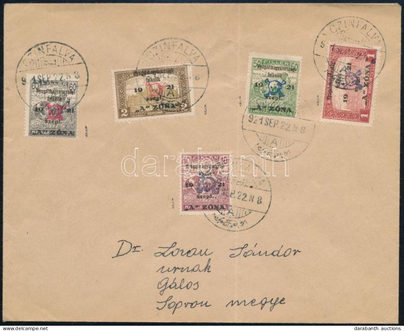 Nyugat-Magyarország II. 1921 Levél 5 Db Halálfejes Bélyeggel / Mi 12, 16-19 On Cover "CZINFALVA" - Gálos. Signed: Bodor - Andere & Zonder Classificatie