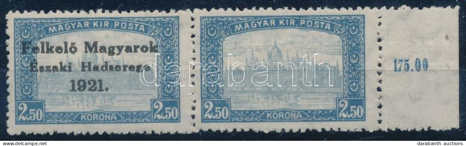 ** Nyugat-Magyarország V. 1921 Parlament 2,50K ívszéli Pár, A Jobb Oldali Bélyeg Felülnyomás Nélkül!!! / Mi 52 Margin Pa - Autres & Non Classés