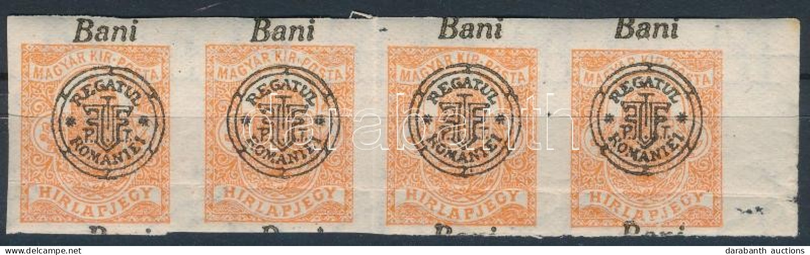 ** Nagyvárad 1919 Hírlapbélyeg Négyescsík Elcsúszott Felülnyomással. / Shifted Overprint. Signed: Bodor (hajtott / Folde - Altri & Non Classificati