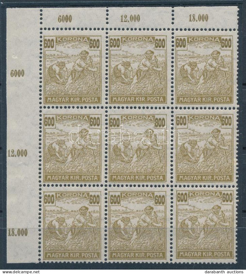 ** 1924 Arató 600K ívsarki 9-es Tömb, Benne 800K Lemezhiba (min 50.000) / Mi 394 Corner Block Of 9 With Plate Variety - Andere & Zonder Classificatie