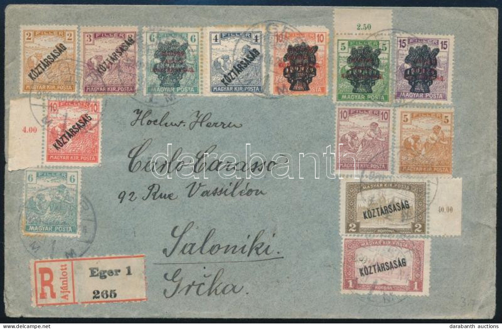 1920 Ajánlott Levél 16 Db Bélyeggel Egerből Salonikire Küldve, Cenzúrázva / Registered Cover With 16 Stamps To Saloniki, - Autres & Non Classés