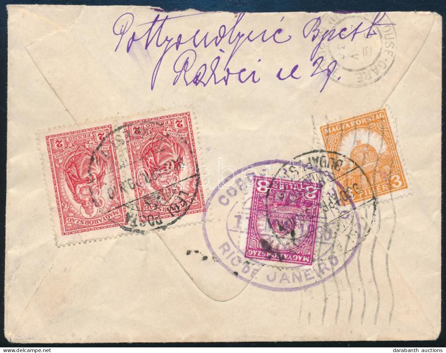 1930 Légi Levél Brazíliába 4 Bélyeggel, Közte Keskeny Madonna 2P Párral, érkezési Bélyegzéssel / Airmail Cover To Brasil - Altri & Non Classificati