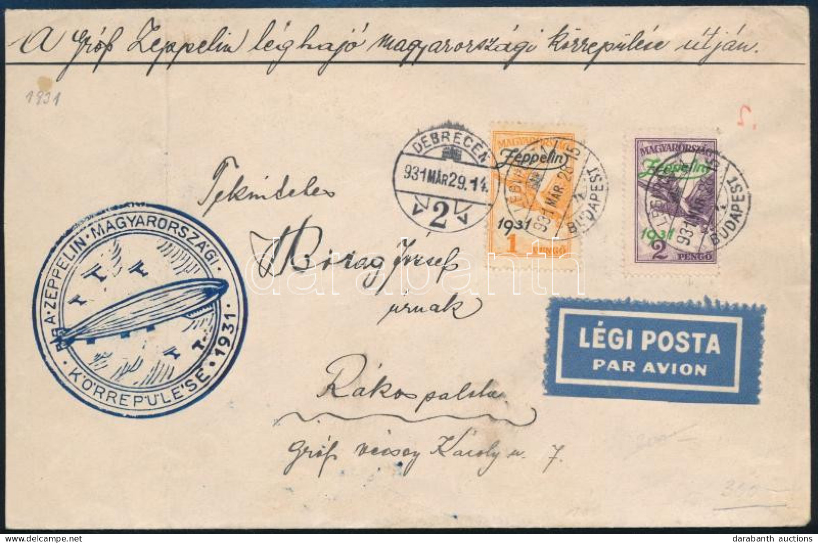 1931 Zeppelin Légi Levél Zeppelin Sorral és Kék Alkalmi Bélyegzéssel / Mi 478-479 On Zeppelin Cover With Blue Special Po - Other & Unclassified