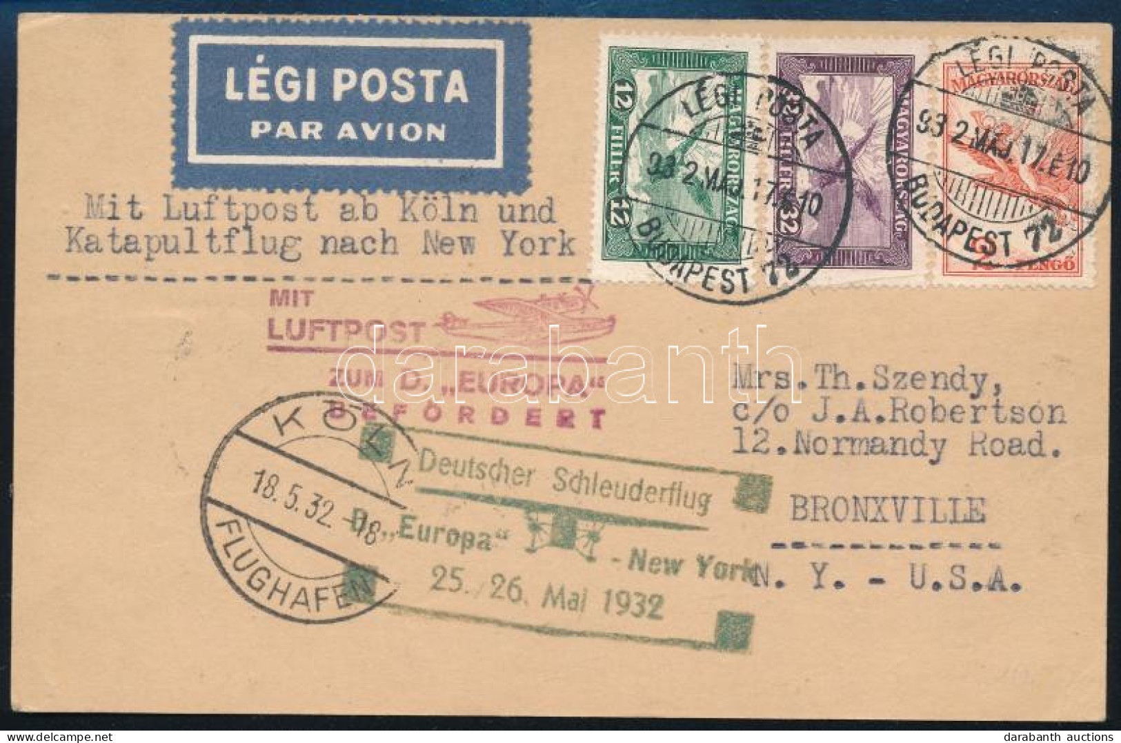 1932 Katapult Légi Levelezőlap Kölnön át, Az Europa Hajóval New Yorkba / Catapult Postcard Across Cologne, Then On The E - Other & Unclassified