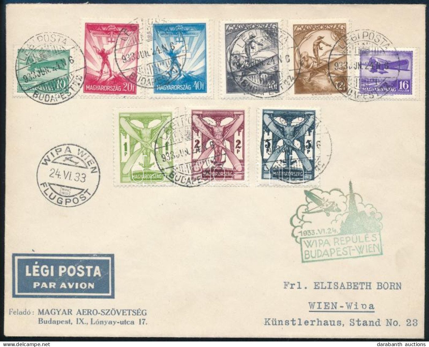 1933 Repülő II. Sor Légi Levélen Bécsbe / Mi 502-510 On Airmail Cover To Vienna - Otros & Sin Clasificación