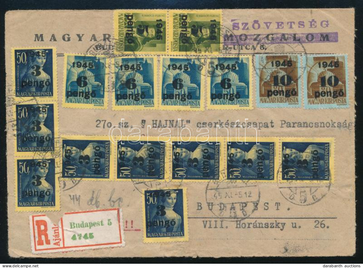 1945 (3. Díjszabás) Ajánlott Budapest Helyi Levél 44 Db Bélyeggel / Registered Local Cover With 44 Stamps - Autres & Non Classés