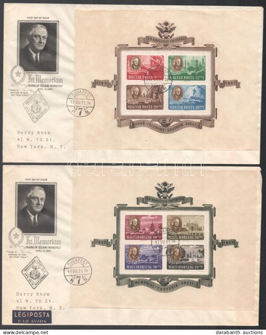 1947 Roosevelt Blokkpár 2 Db FDC-n Newy Yorkba, Az Egyik Légipostával, Nagyon Ritka! / Mi Block 10-11 On 2 FDC's, RR! - Autres & Non Classés