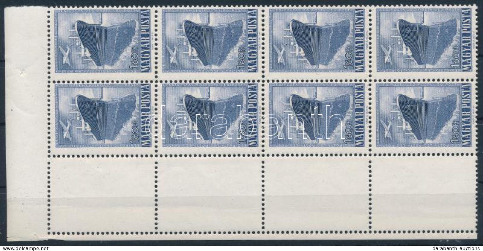 ** 1950 Repülő Vi. 1,60Ft ívsarki 8-as Tömb 4 Db Bal Oldali üres Mezővel / Mi 1124 Corner Block Of 8 With Blank Fields - Autres & Non Classés