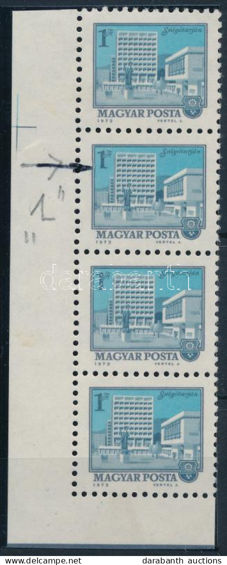 ** 1972 Tájak-városok 1Ft ívsarki Négyescsík, Benne "féltalpú 1-es" Lemezhiba / Mi 2826 Corner Stripe Of 4 With Plate Va - Otros & Sin Clasificación