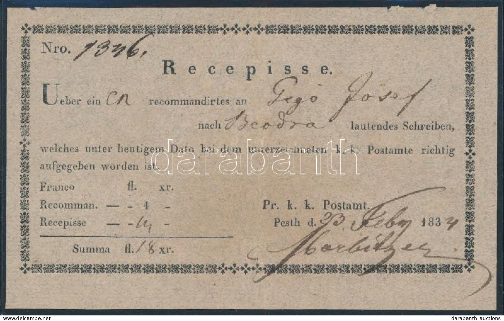 1834 Recepisse Pesth - Other & Unclassified