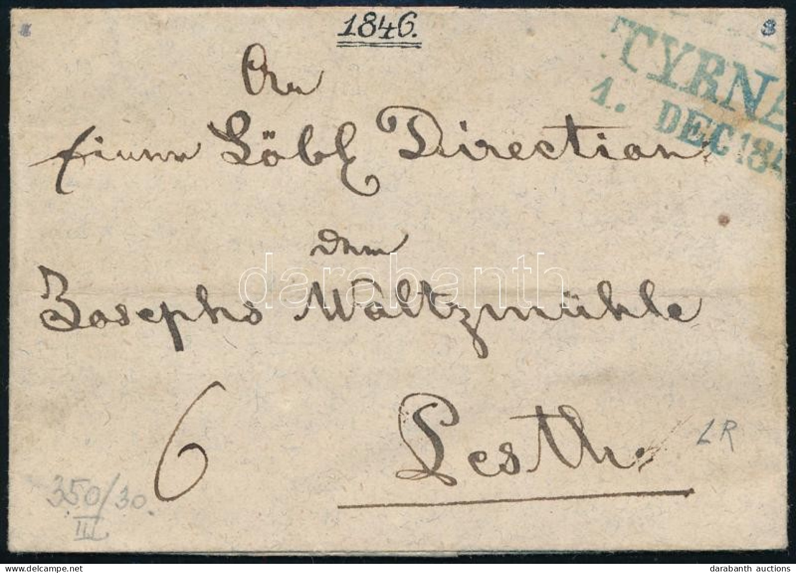 1846 Portós Levél / Unpaid Cover, Kék / Blue "TYRNA(U)" - Pesth - Other & Unclassified