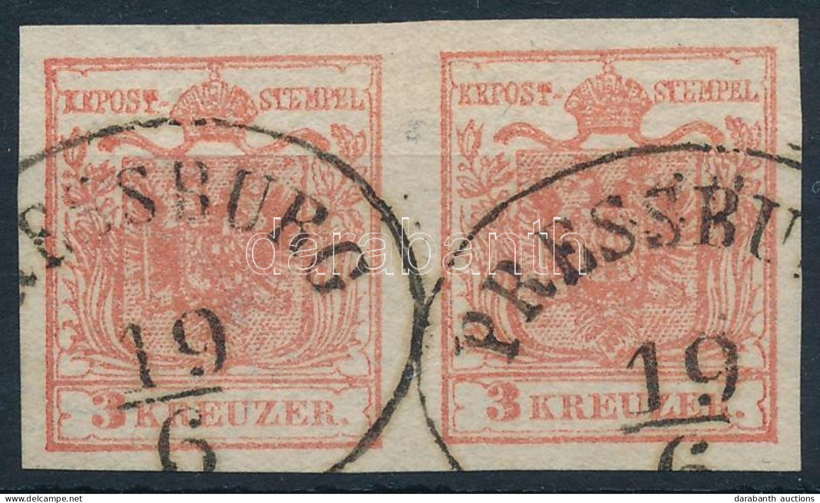 O 1850 3kr Pár HP IIIa, A Bal Oldali Bélyeg Vízjeles / Pair, Type HP IIIa., With Watermark - Autres & Non Classés