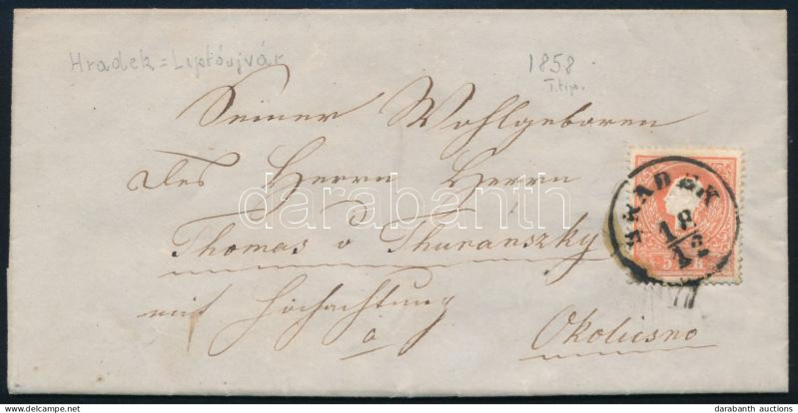 1858 5kr Levélen / On Cover "HRADEK" - Okolicsno - Other & Unclassified