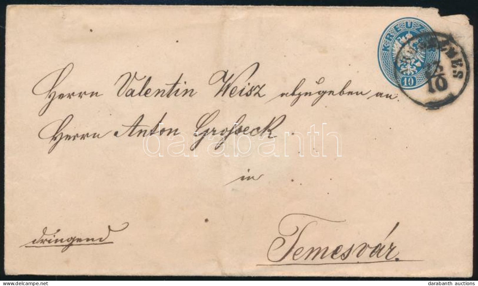 1863 10kr Díjjegyes Boríték B Típus (20.000) / 10kr PS-cover "(K)ARÁNSEBES" - Temesvár - Other & Unclassified