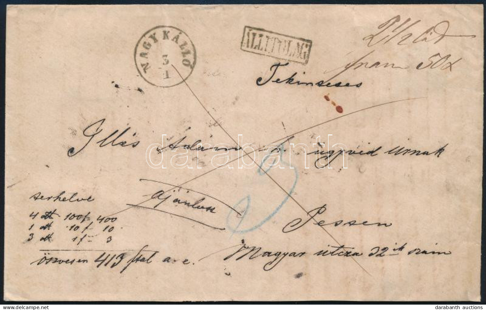 ~1865 Franco Pénzeslevél / Insured Cover "NAGY KÁLLÓ" - Autres & Non Classés