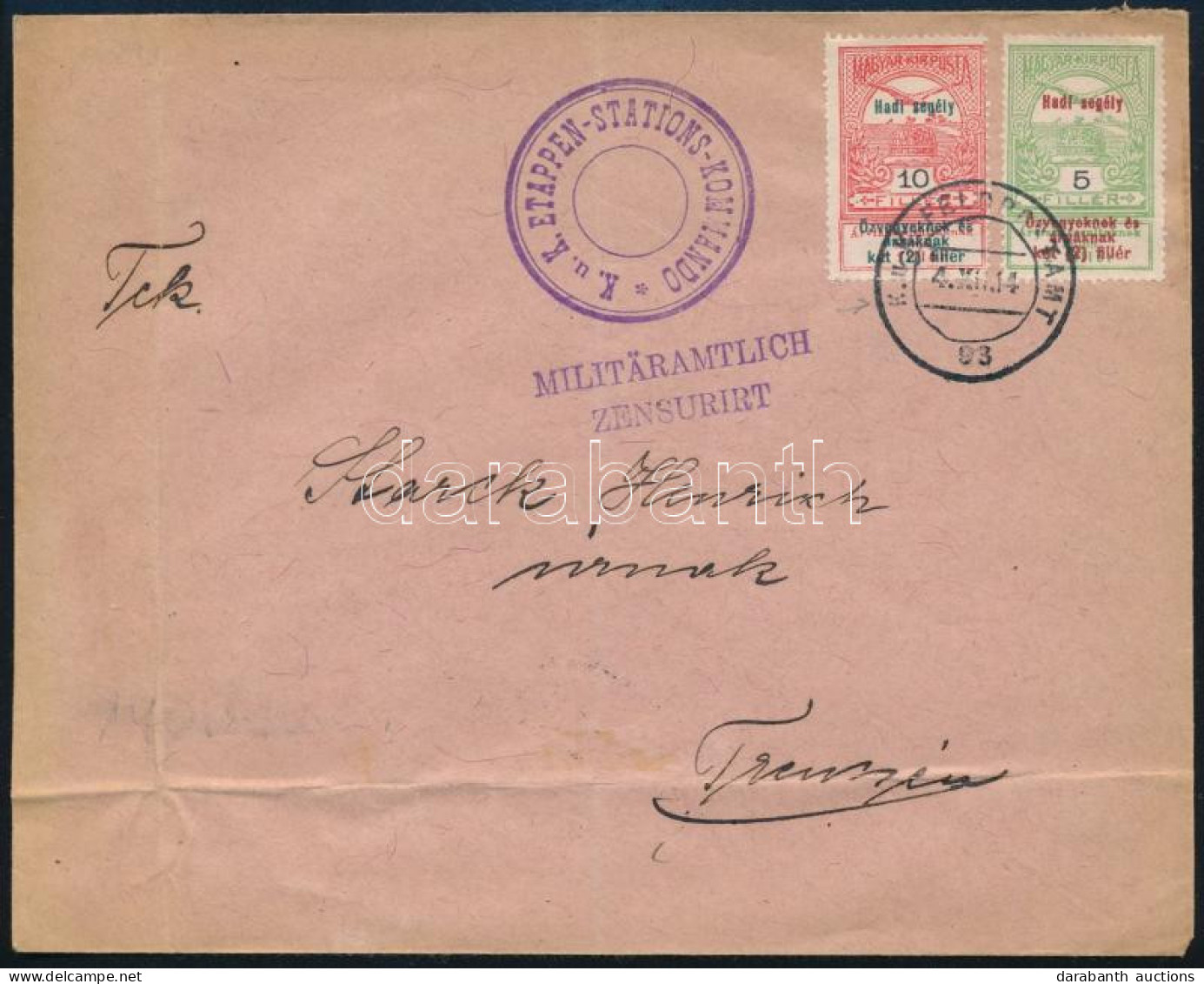 1914 Tábori Posta Levél 2 Db Hadisegély Bélyeggel / Field Post Cover "K.u.k. ETAPPEN-STATIONS-KOMMANDO" + "FP 93" - Altri & Non Classificati