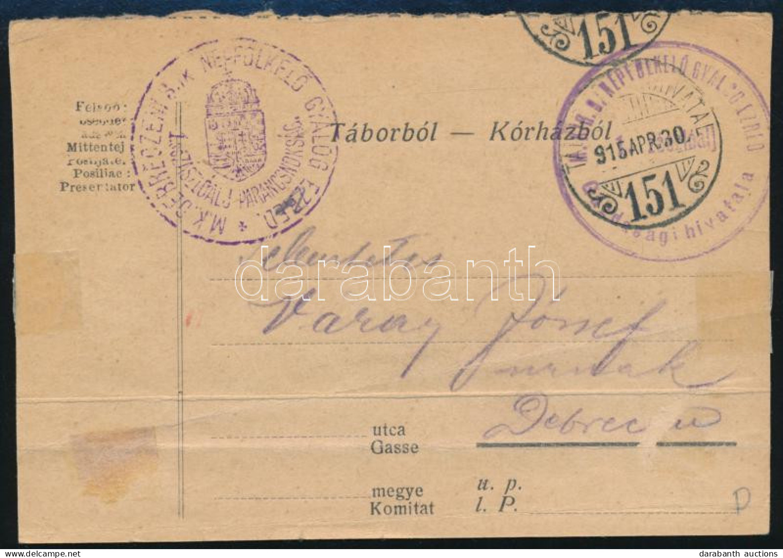 1915 Tábori Posta Levelezőlap / Field Postcard "M.KIR. 9. NÉPFÖLKELŐ GYALOGEZRED GAZDASÁGI HIVATALA" + "TP 151" - Altri & Non Classificati