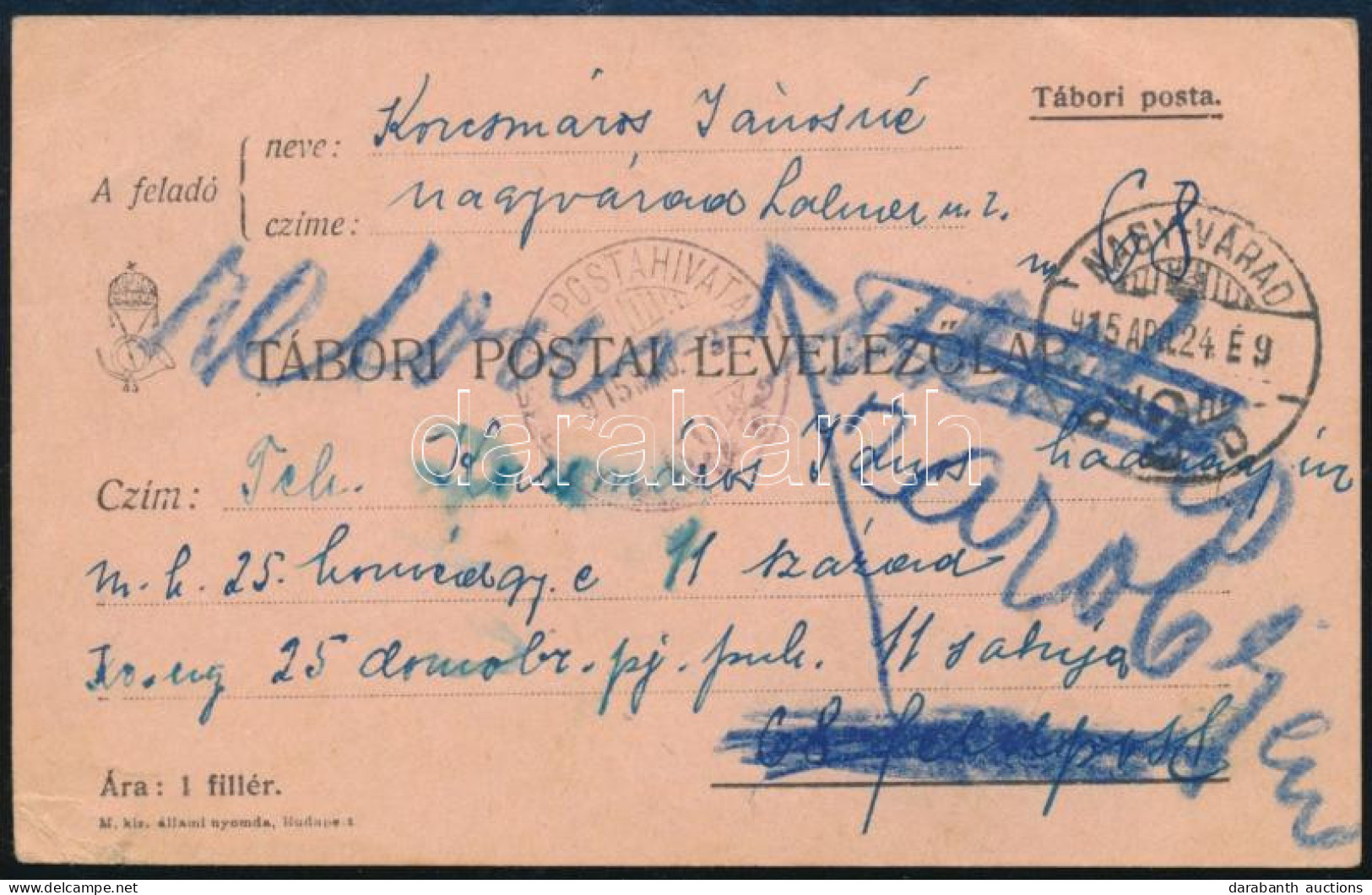 1915 Tábori Posta Levelezőlap, Visszaküldve / Field Postcard, Returned - Andere & Zonder Classificatie
