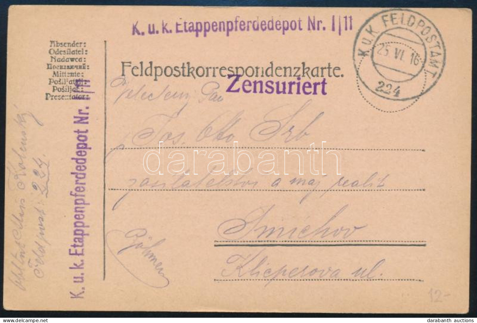 1916 Tábori Posta Levelezőlap / Field Postcard "K.u.k. Etappenpferdedepot Nr. I/11" + "FP 224" - Other & Unclassified