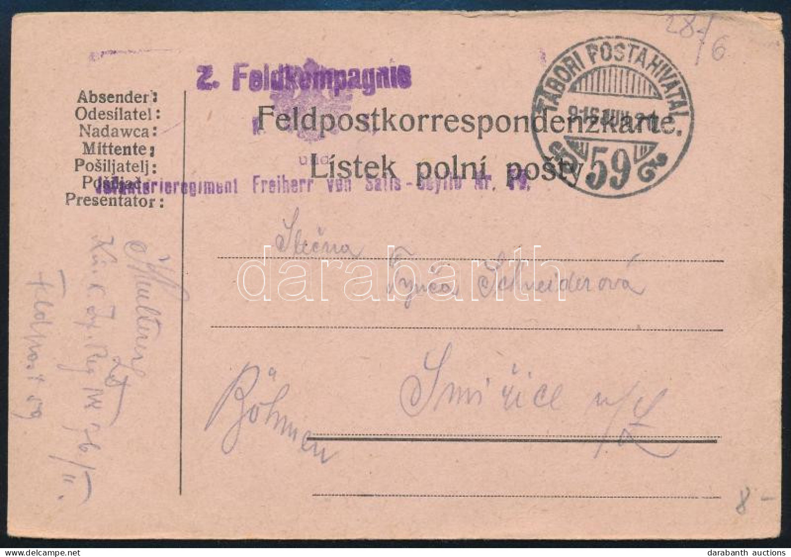 1916 Tábori Posta Levelezőlap / Field Postcard "Infanterieregiment Freiherr Von ..." + "TP 59" - Altri & Non Classificati