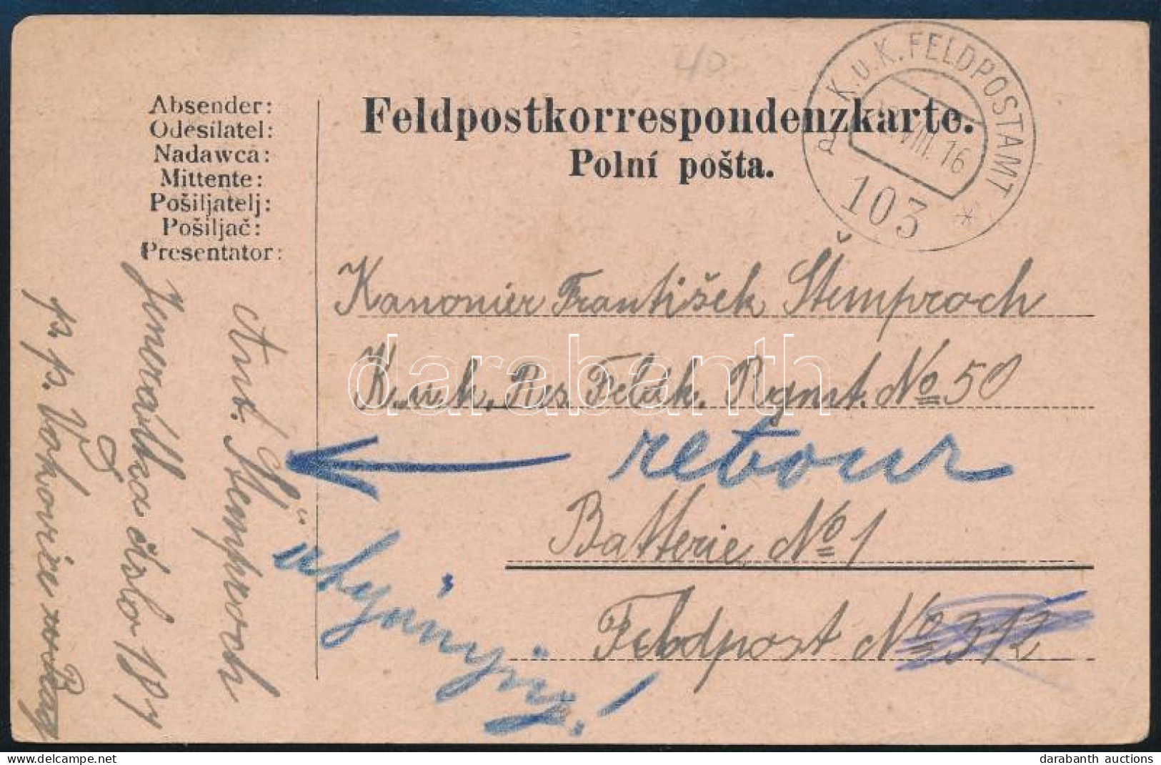 1916 Tábori Posta Levelezőlap / Field Postcard "FP 103 A" - Autres & Non Classés