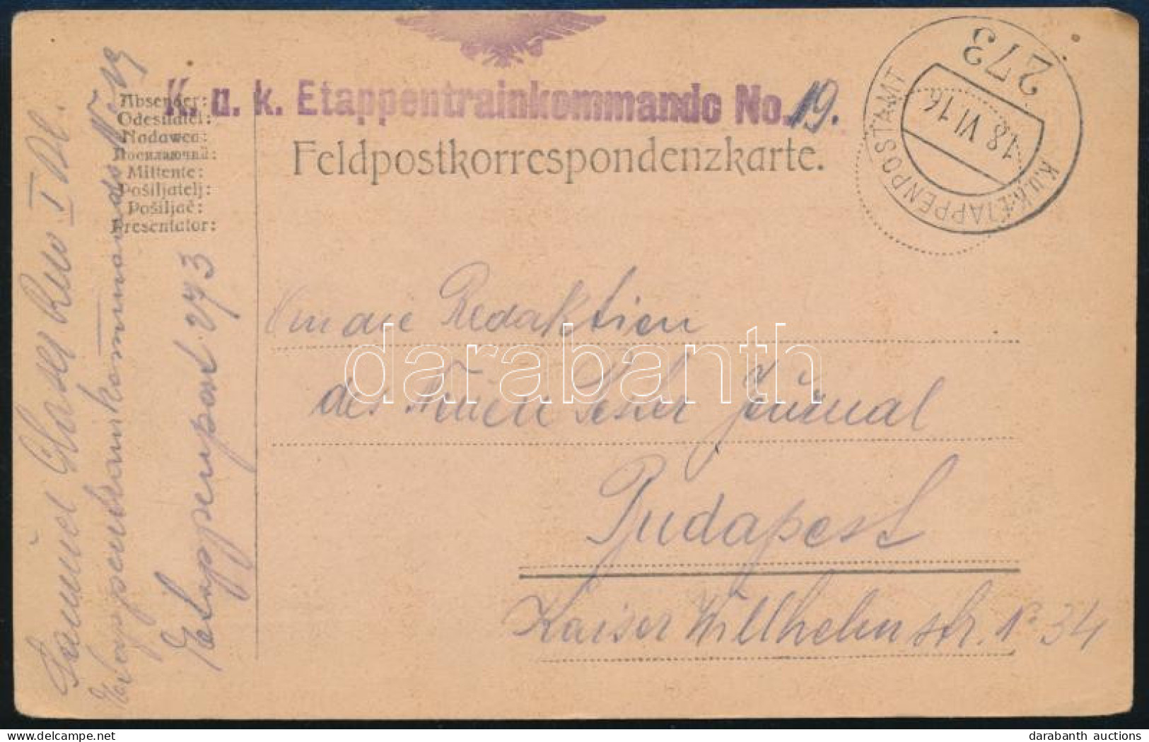 1916 Tábori Posta Levelezőlap / Field Postcard "K.u.k. Etappentrainkommando No.19." + "EP 273" - Other & Unclassified