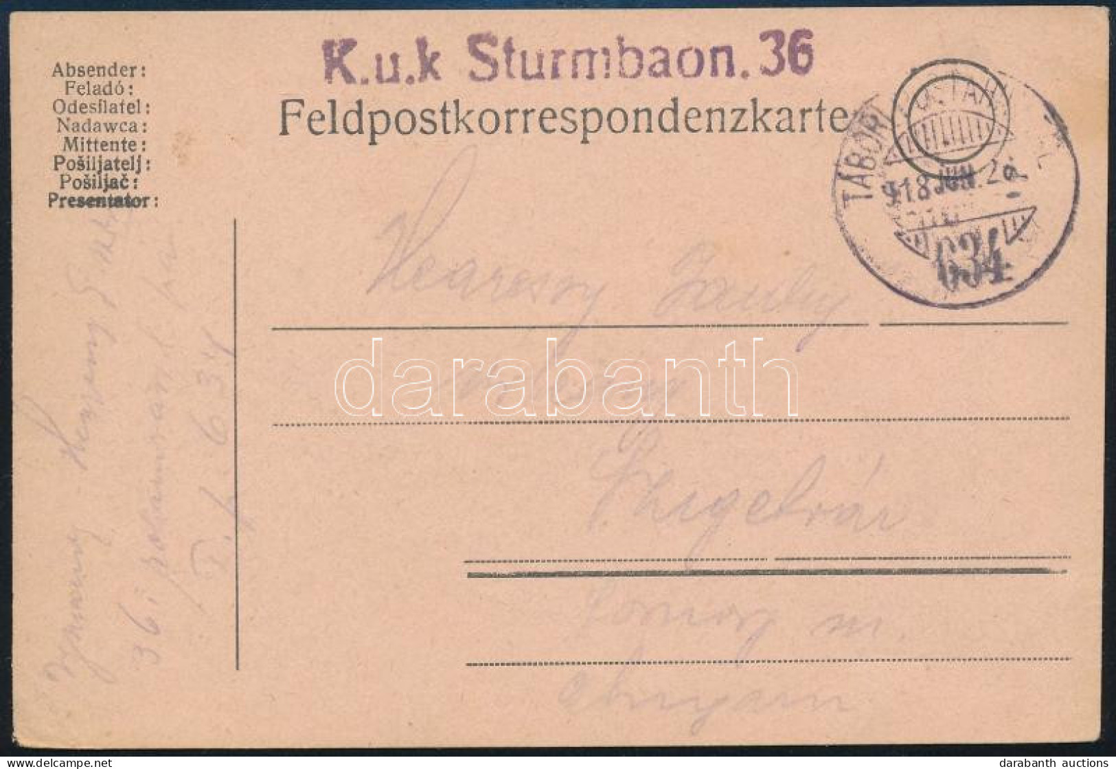 1918 Tábori Posta Levelezőlap / Field Postcard "K.u.k. Sturmbaon 36." + "TP 634" - Autres & Non Classés