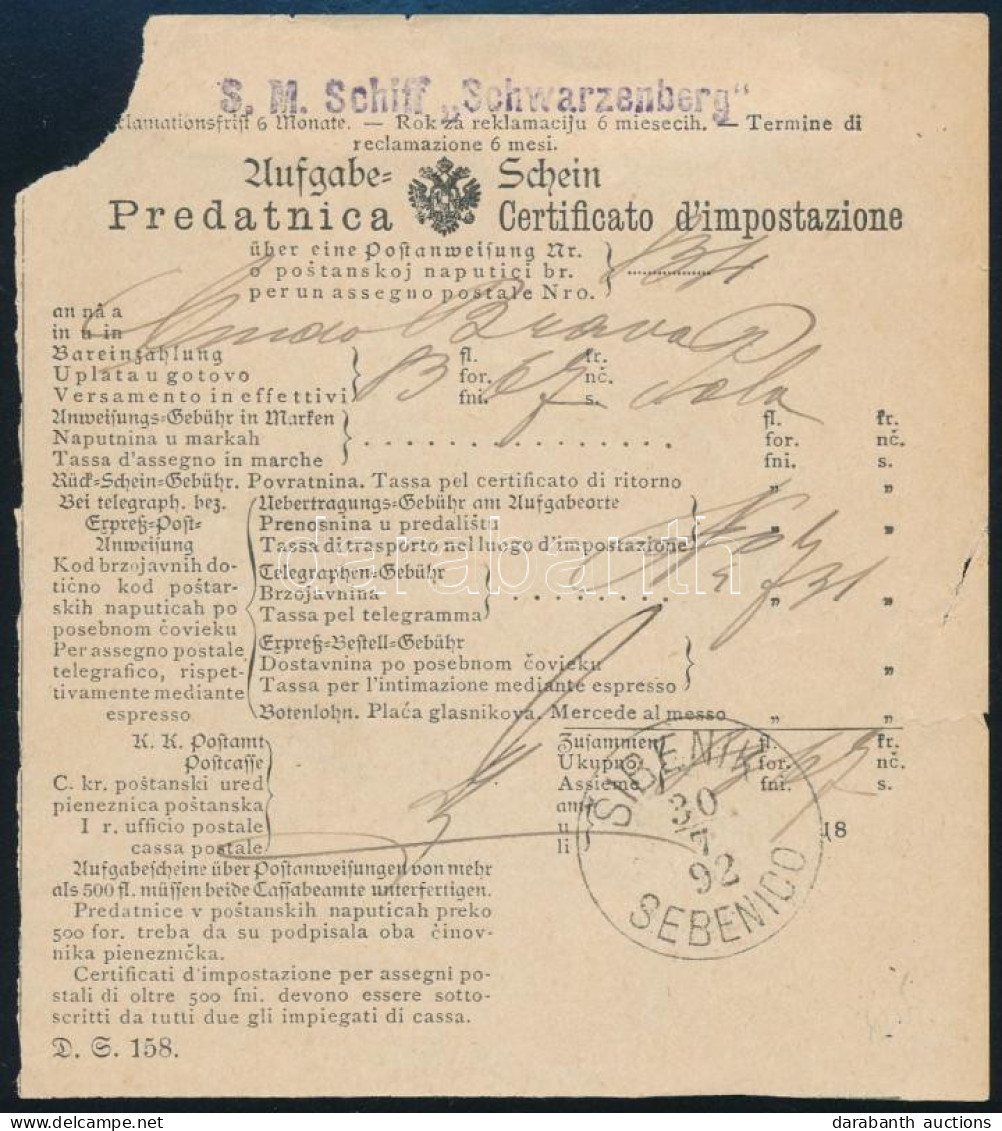 1892 Postautalvány / Postal Money Order "S.M. Schiff Schwarzenberg" + "SIBENIK / SEBENICO" - Other & Unclassified