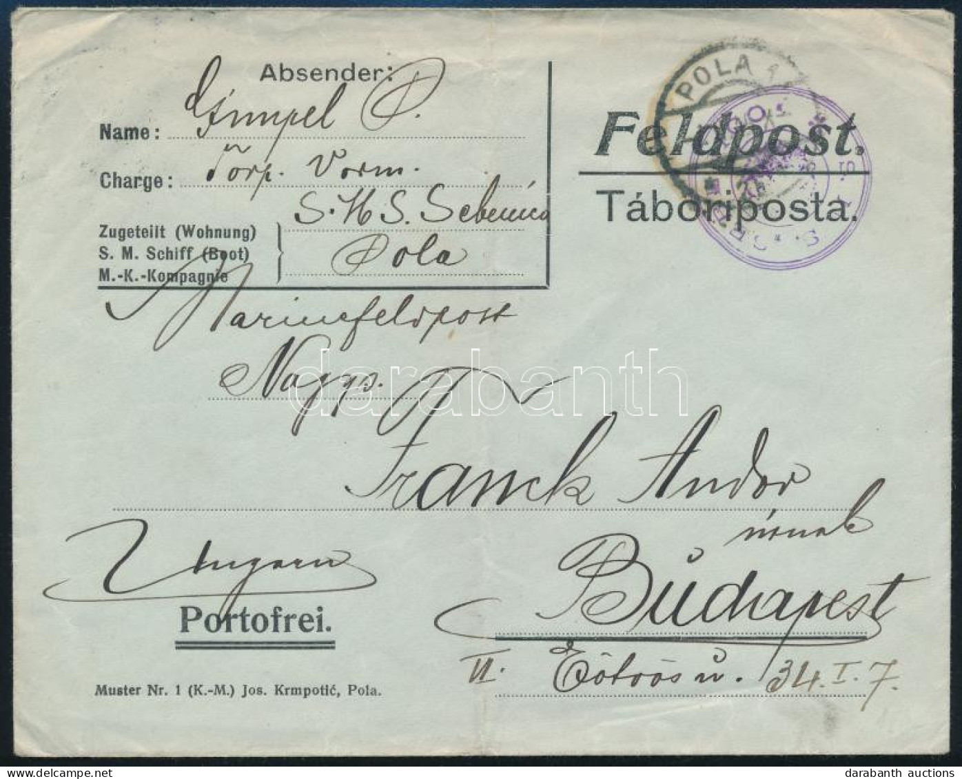 1915 Tábori Posta Levél / Field Post Cover "S.M.S. SEBENICO" - Andere & Zonder Classificatie