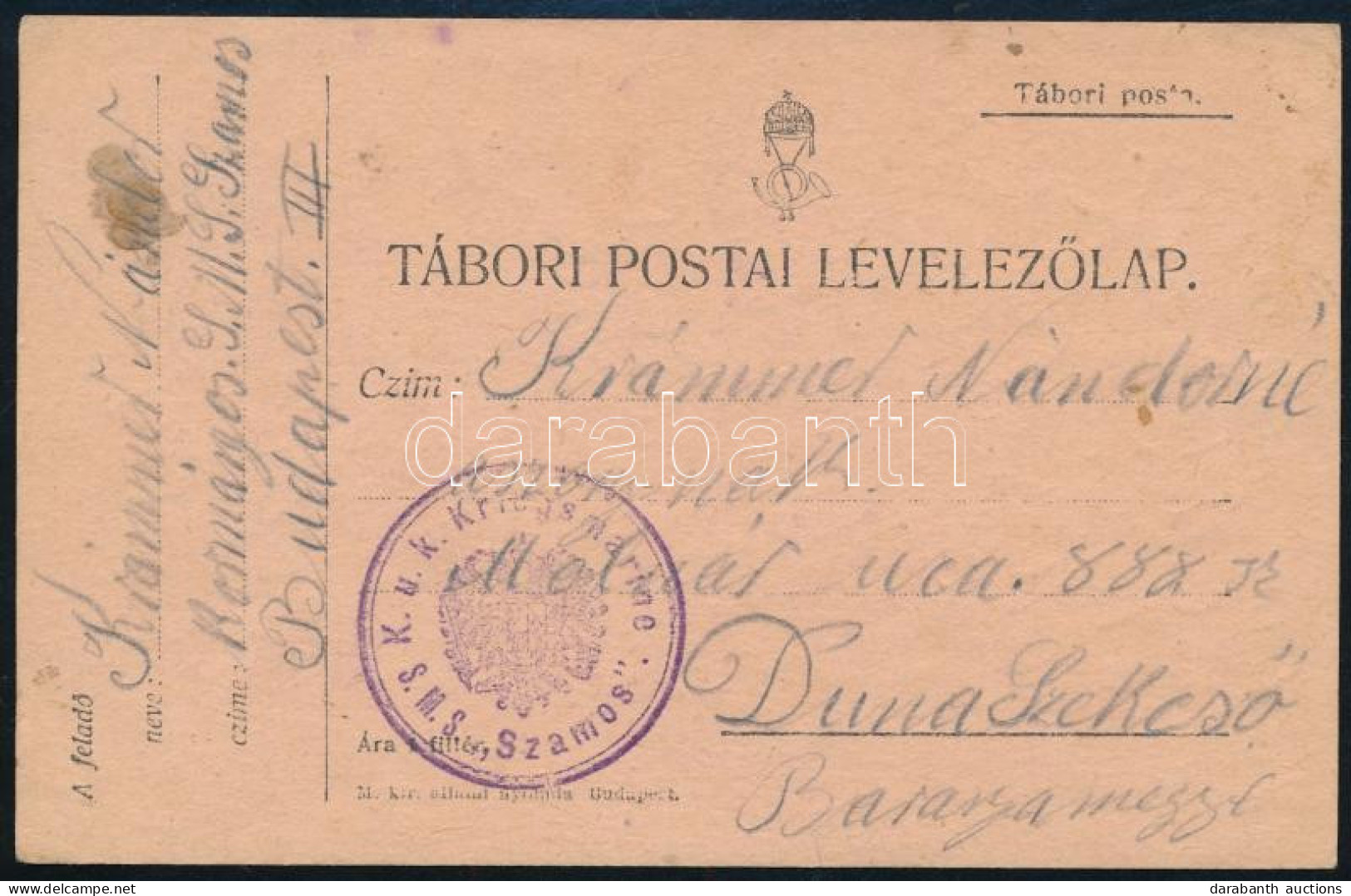 ~1916 Tábori Posta Levelezőlap / Field Postcard "S.M.S. Szamos" - Altri & Non Classificati