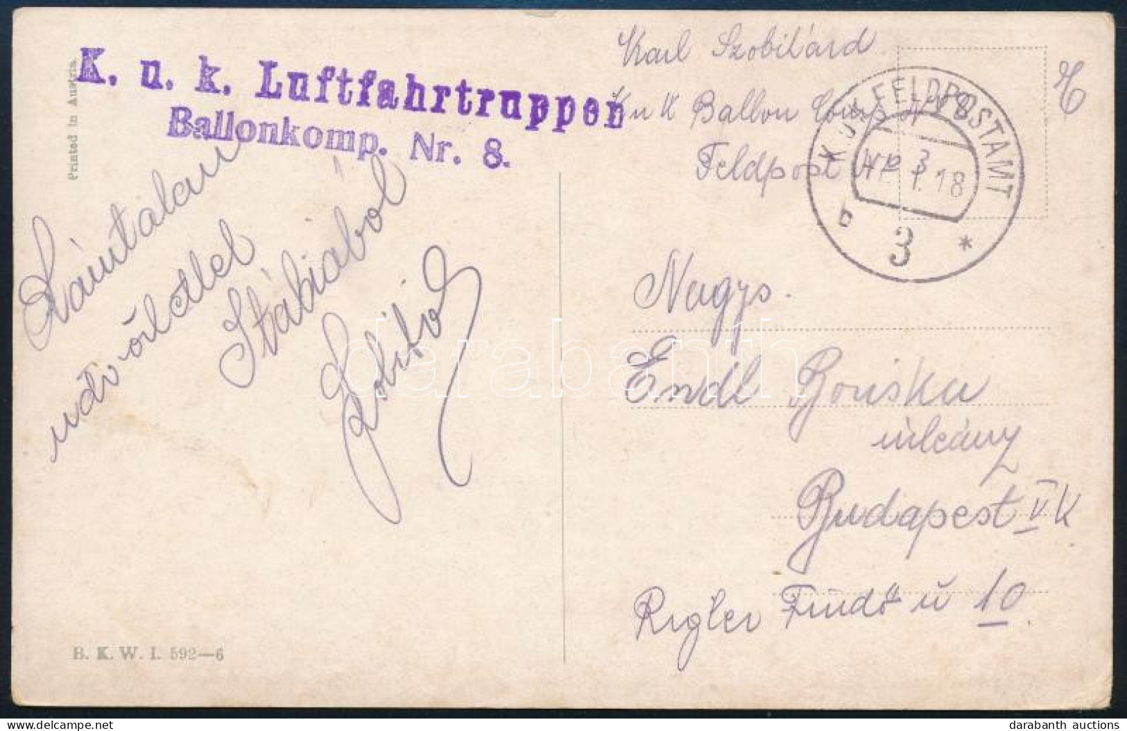 1918 Tábori Posta Képeslap / Field Postcard "K.u.k. Luftfahrtruppen Ballonkomp Nr.8." + "FP 3 B" - Altri & Non Classificati