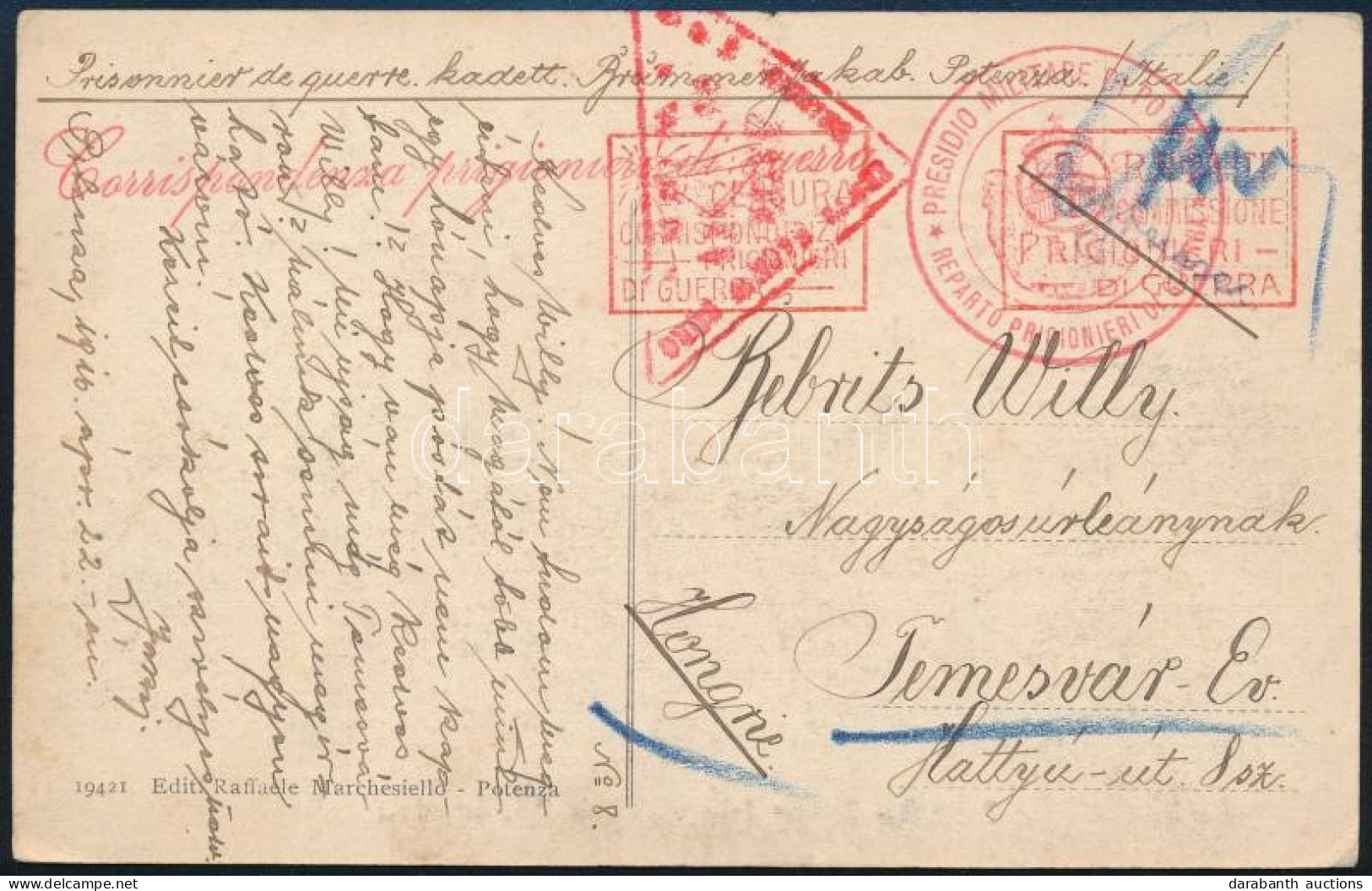 1916 Hadifogoly Képeslap Az Olaszországi Potenzaból Temesvárra / POW Postcard From Potenza To Hungary - Other & Unclassified