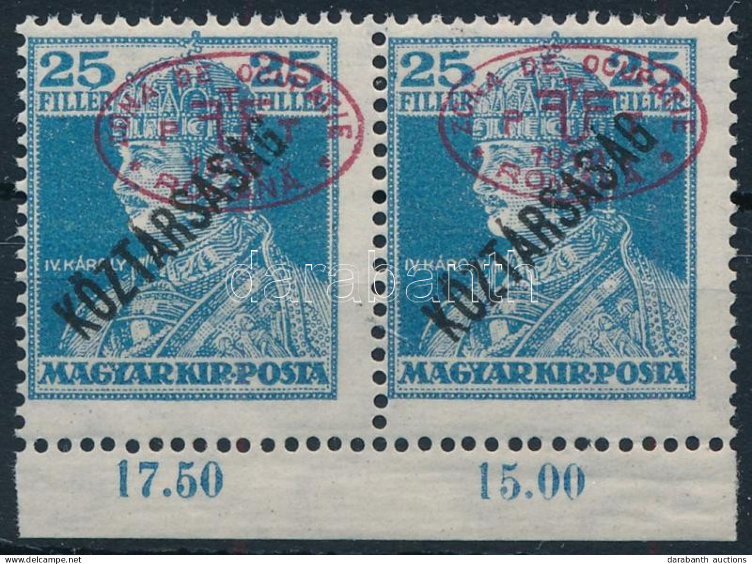 ** Debrecen I. 1919 Károly/Köztársaság 25f Pár Elcsúszott Felülnyomással / Mi 59a Pair With Shifted Overprint. Signed: B - Altri & Non Classificati