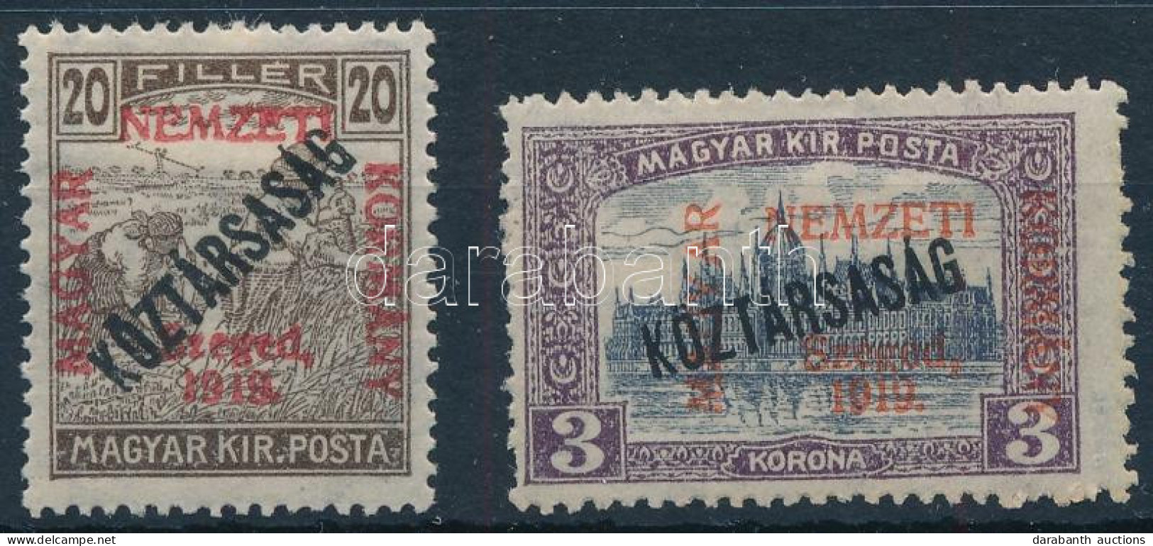 * Szeged 1919 Arató/Köztársaság 20f és Parlament/Köztársaság 3K / Mi 33, 35. Signed: Bodor - Otros & Sin Clasificación