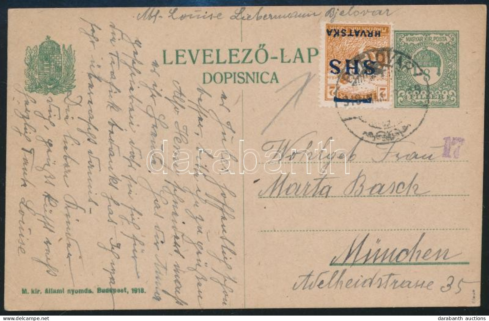 S.H.S. 1919 8f Díjjegyes Levelezőlap Arató 2f Kiegészítéssel "BJELOVAR" / PS-card With Additional Franking. Signed: Bodo - Sonstige & Ohne Zuordnung